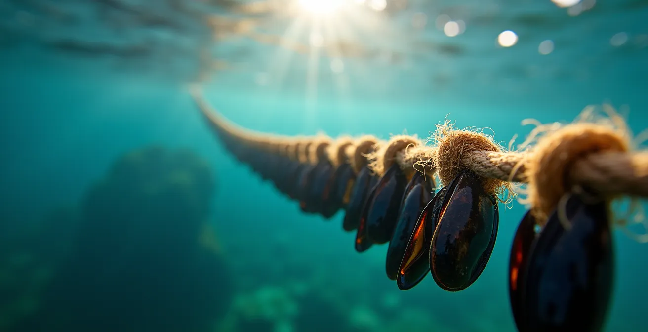 Vista macro di cozze attaccate alle corde di allevamento nel mare cristallino