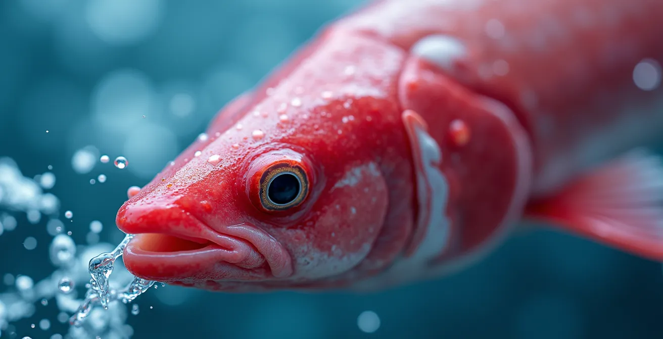 Dettagli delle branchie di un tonno rosso durante ossigenazione forzata