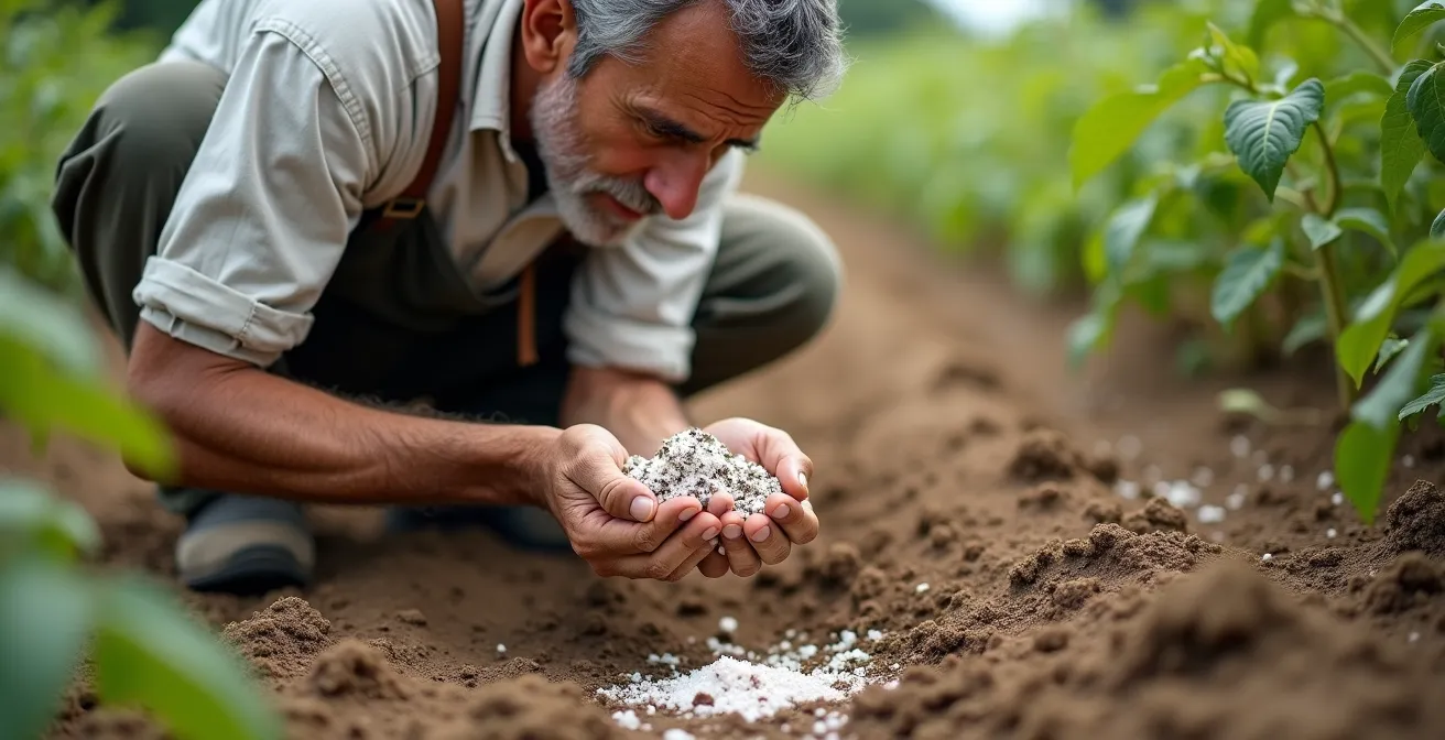 Agricoltore che analizza la salinità del suolo in un campo di pomodori