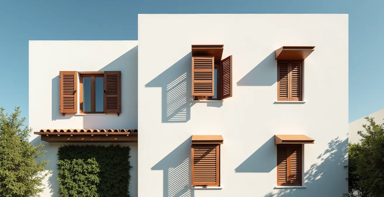 Edificio costiero con sistemi di raffrescamento passivo integrati nell'architettura mediterranea