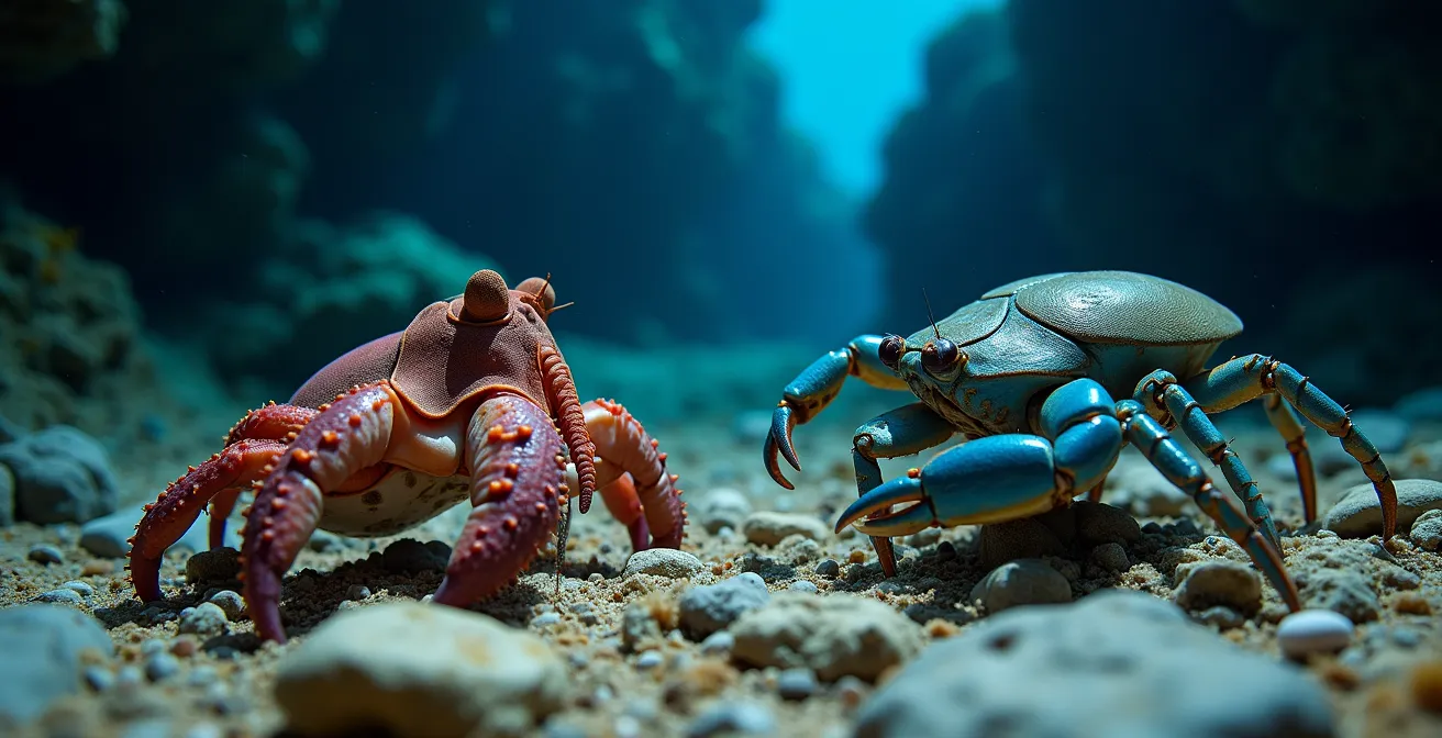 Polpo e granchio blu in confronto su fondale roccioso dell'Adriatico