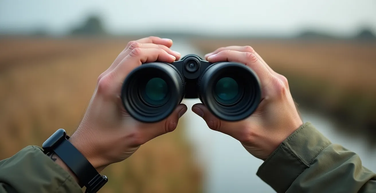 Mani che tengono un binocolo professionale puntato verso stormo di uccelli acquatici