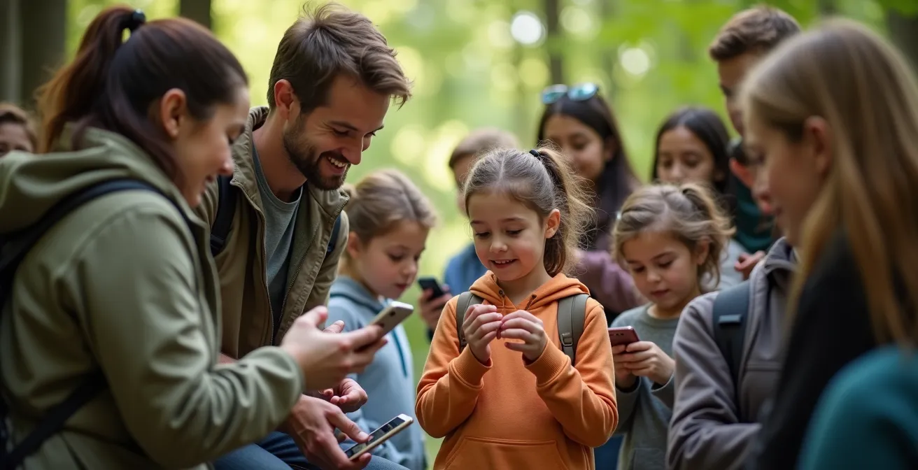 Famiglie e naturalisti esplorano insieme la biodiversità in un parco urbano durante un BioBlitz