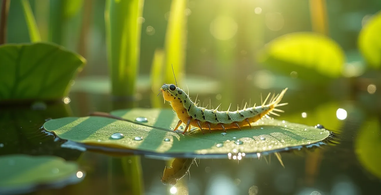 Vista macro ravvicinata di larve acquatiche e piante indicatrici in uno stagno italiano
