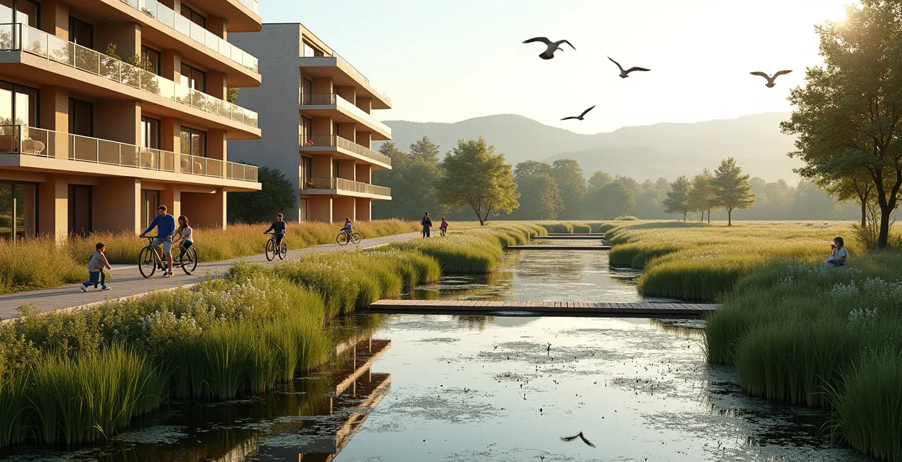 Residenze moderne affacciate su una zona umida naturale con vegetazione lussureggiante
