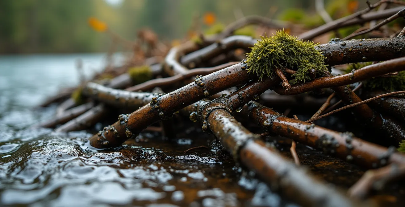 Sistema di dighe naturali create dal castoro in ambiente fluviale alpino