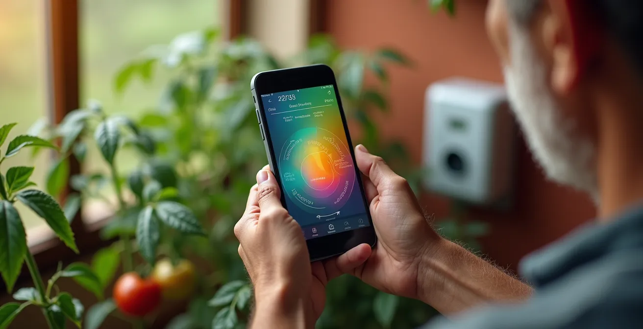 Mano che controlla centralina irrigazione smart tramite app su smartphone con grafici dei consumi idrici