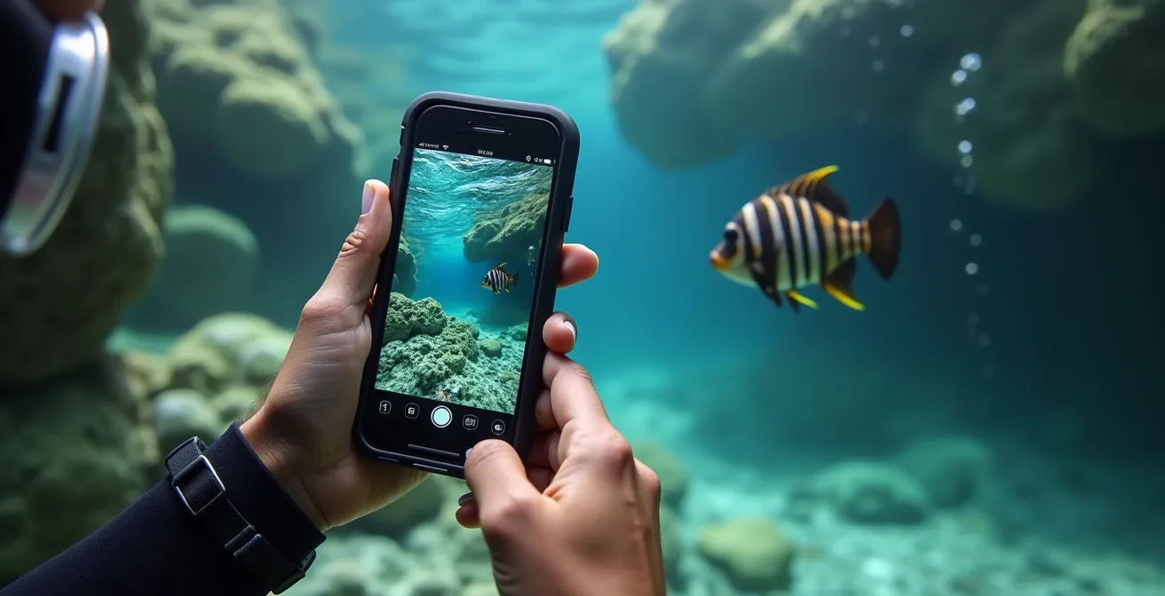 Subacqueo usa smartphone subacqueo per fotografare pesce alieno nei fondali italiani