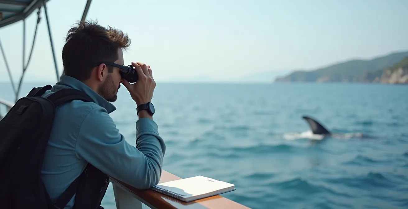 Giornalista che documenta responsabilmente un avvistamento marino