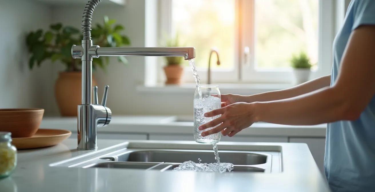 Mani che versano acqua filtrata da rubinetto domestico con sistema di filtrazione