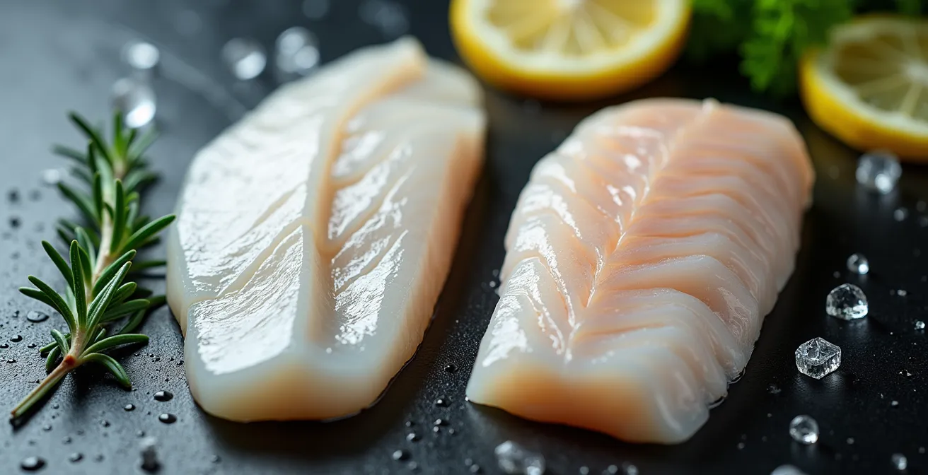 Macro ravvicinata di due filetti di pesce affiancati che mostra le differenze di texture e colore