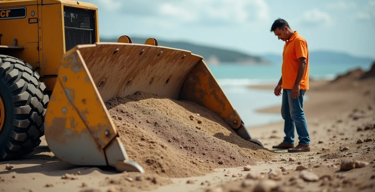 Confronto visivo tra il volume di una ruspa e la quantità di sabbia asportata in un giorno di pulizia meccanica