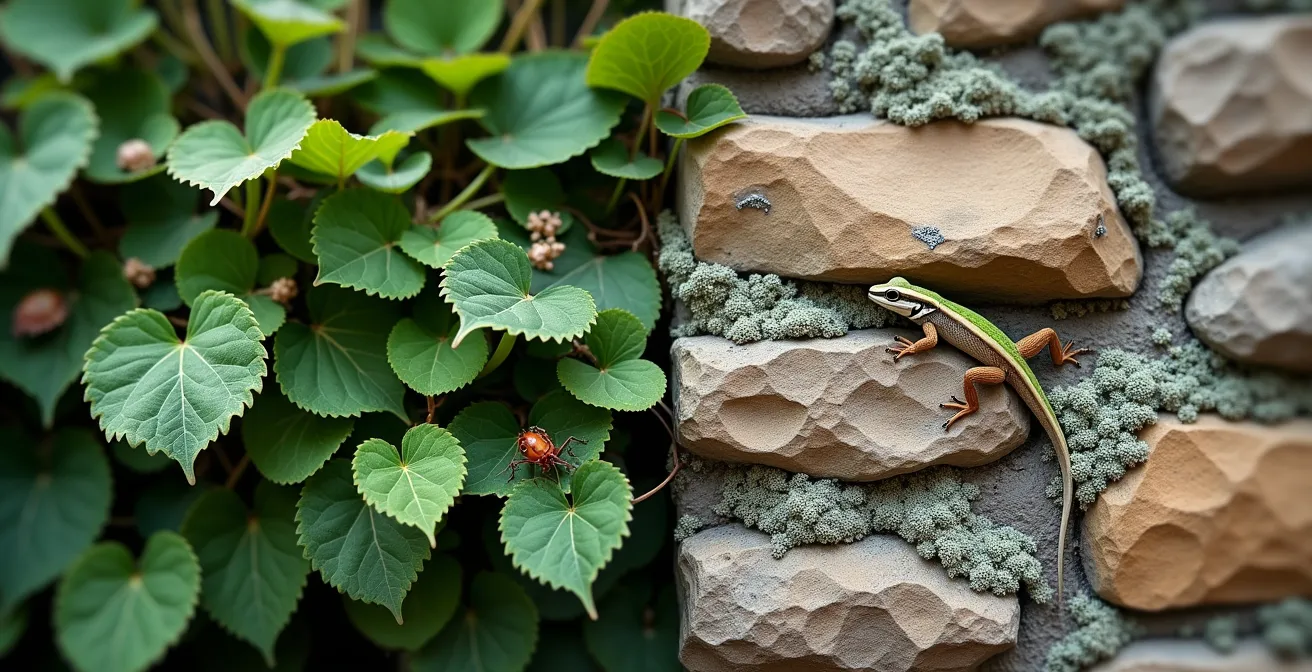 Vista ravvicinata che mostra il confronto tra una siepe mista ricca di biodiversità e un muretto a secco tradizionale italiano