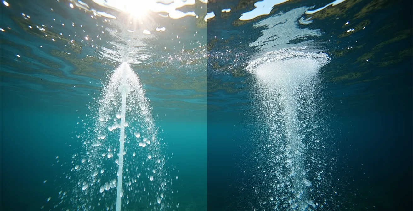 Confronto visivo tra fontana decorativa che agisce in superficie e diffusore di fondo che ossigena l'intera colonna d'acqua in un laghetto