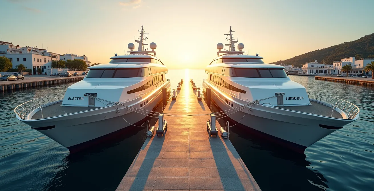 Confronto visivo tra tecnologie di propulsione elettrica e a idrogeno per traghetti nelle isole italiane