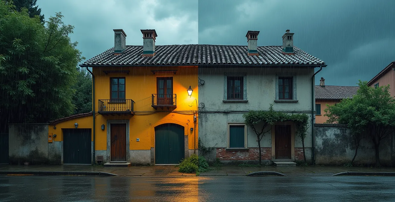 Confronto tra casa protetta con misure anti-alluvione e casa non protetta durante inondazione