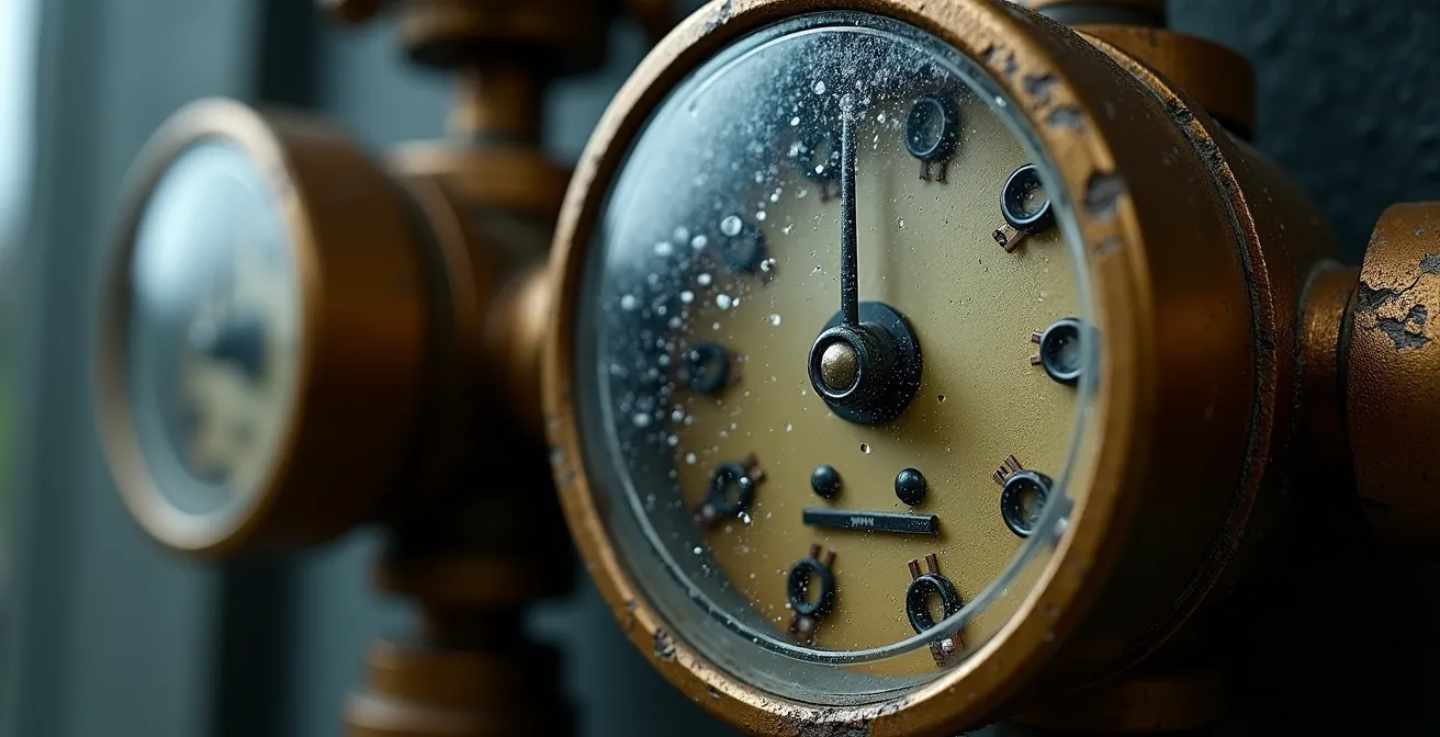 Vista macro del quadrante di un contatore dell'acqua con indicatori di flusso