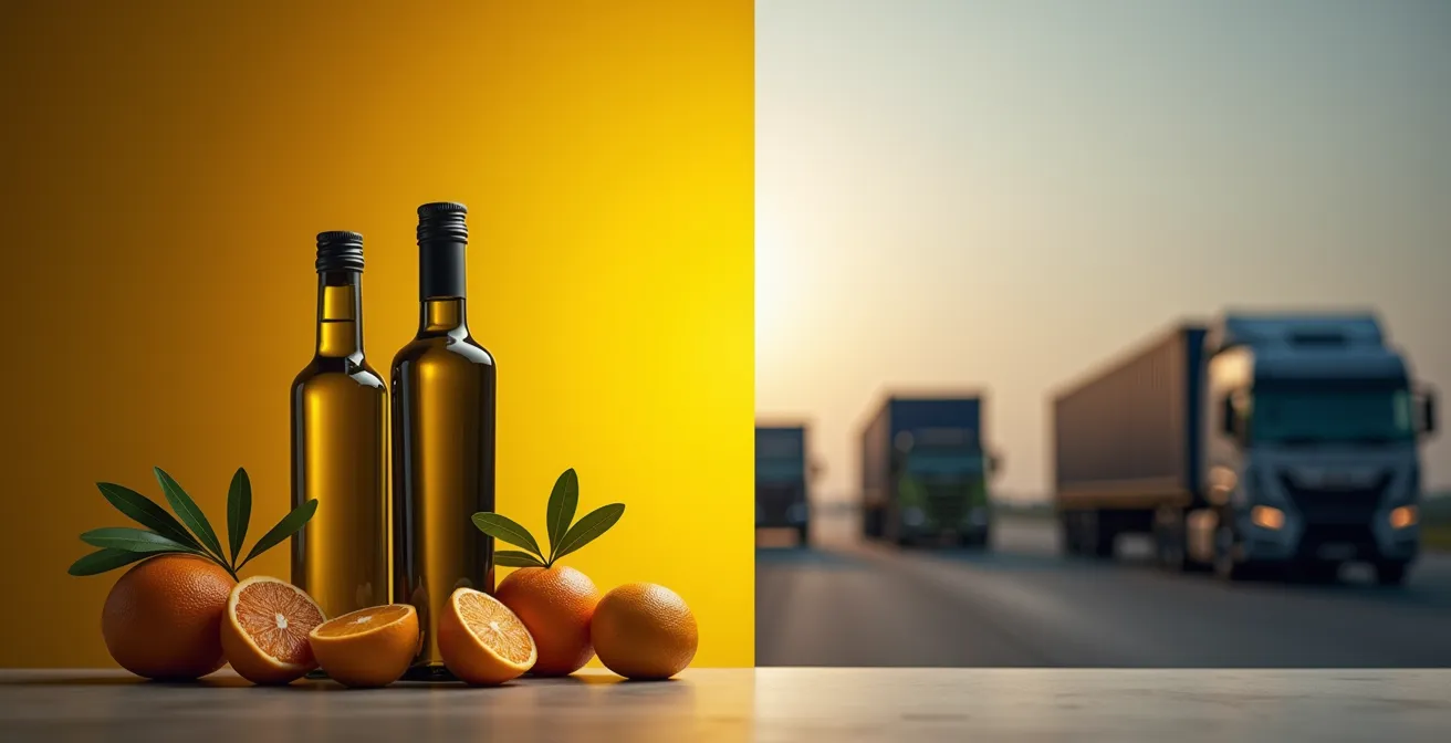 Confronto visivo tra prodotti locali italiani e importati con elementi di trasporto