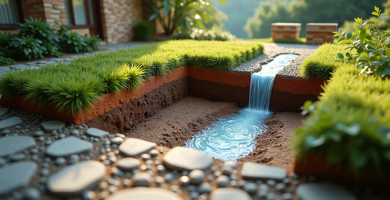 Sezione trasversale di una casa italiana con rain garden posizionato correttamente a distanza di sicurezza