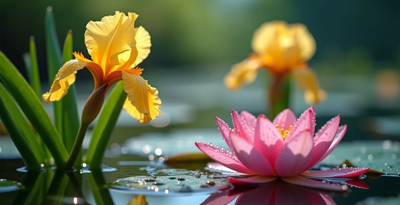 Primo piano di piante acquatiche mediterranee con iris e ninfee in una biopiscina