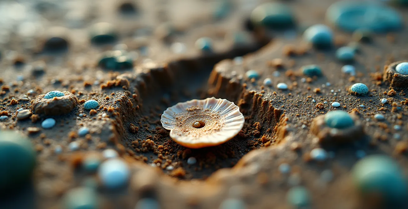 Vista macro di sedimento costiero con strutture organiche e microorganismi visibili