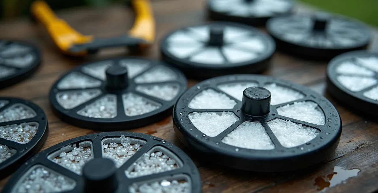 Macro dettaglio di un filtro a dischi per irrigazione durante la pulizia dal calcare