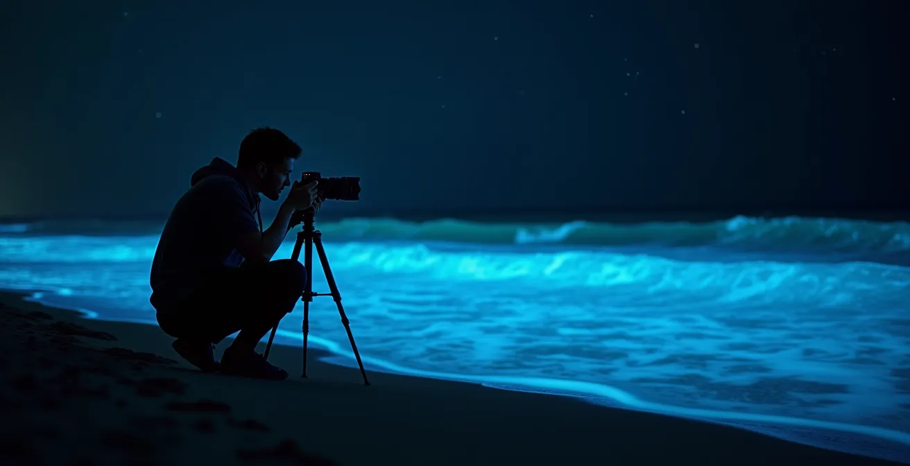 Fotografo in silhouette che cattura la bioluminescenza marina senza flash