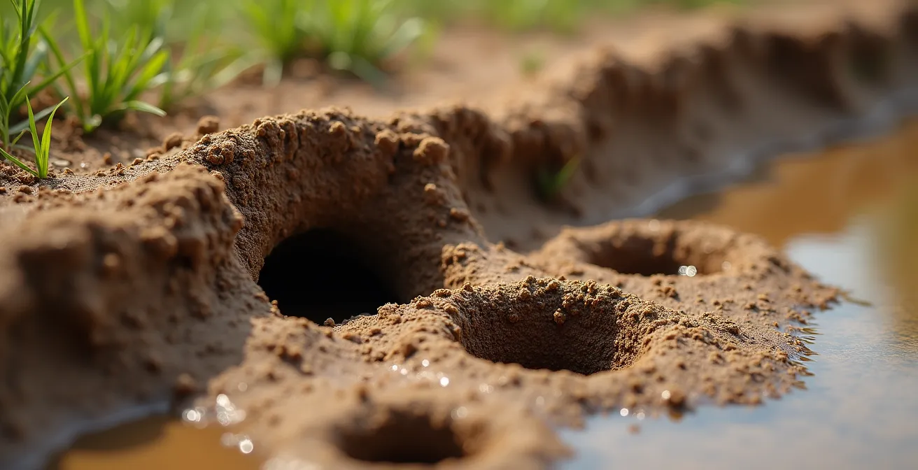 Argine di canale italiano con evidenti segni di erosione e fori causati dalle gallerie del gambero della Louisiana