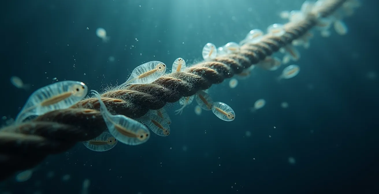 Larve di cozze al microscopio durante la delicata fase di insediamento sulle corde di allevamento