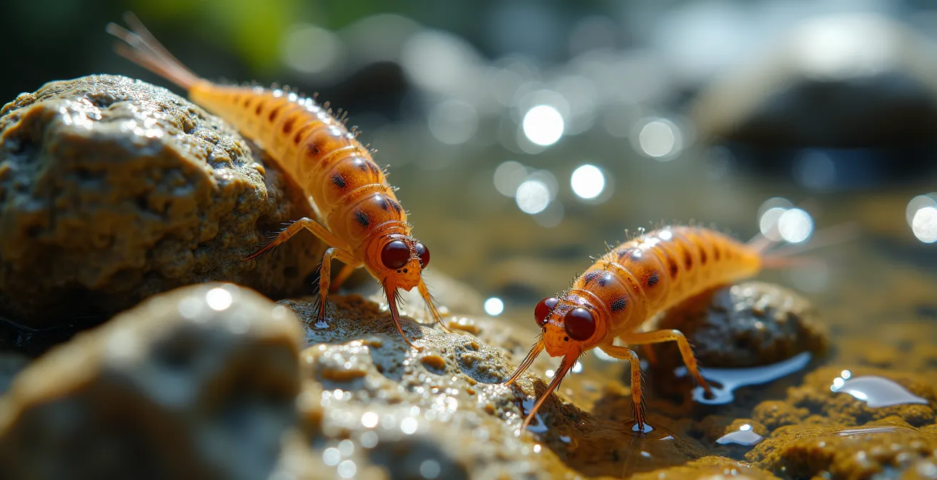 Macro fotografia di larve di efemerotteri su rocce sommerse in un torrente appenninico