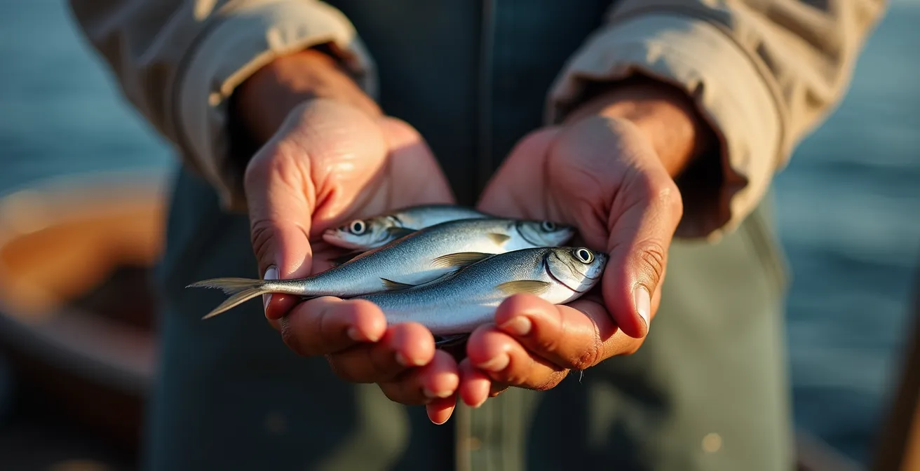 Mani di pescatore che tengono delle alici appena pescate, simbolo della catena alimentare marina