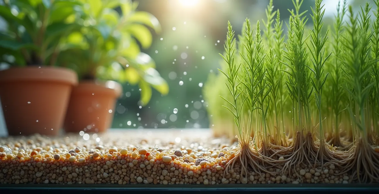 Sistema di fitodepurazione domestico con piante acquatiche in giardino mediterraneo