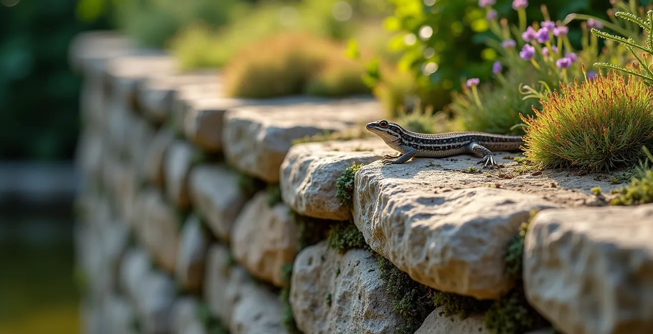 Muretto a secco tradizionale italiano con nicchie per lucertole e insetti