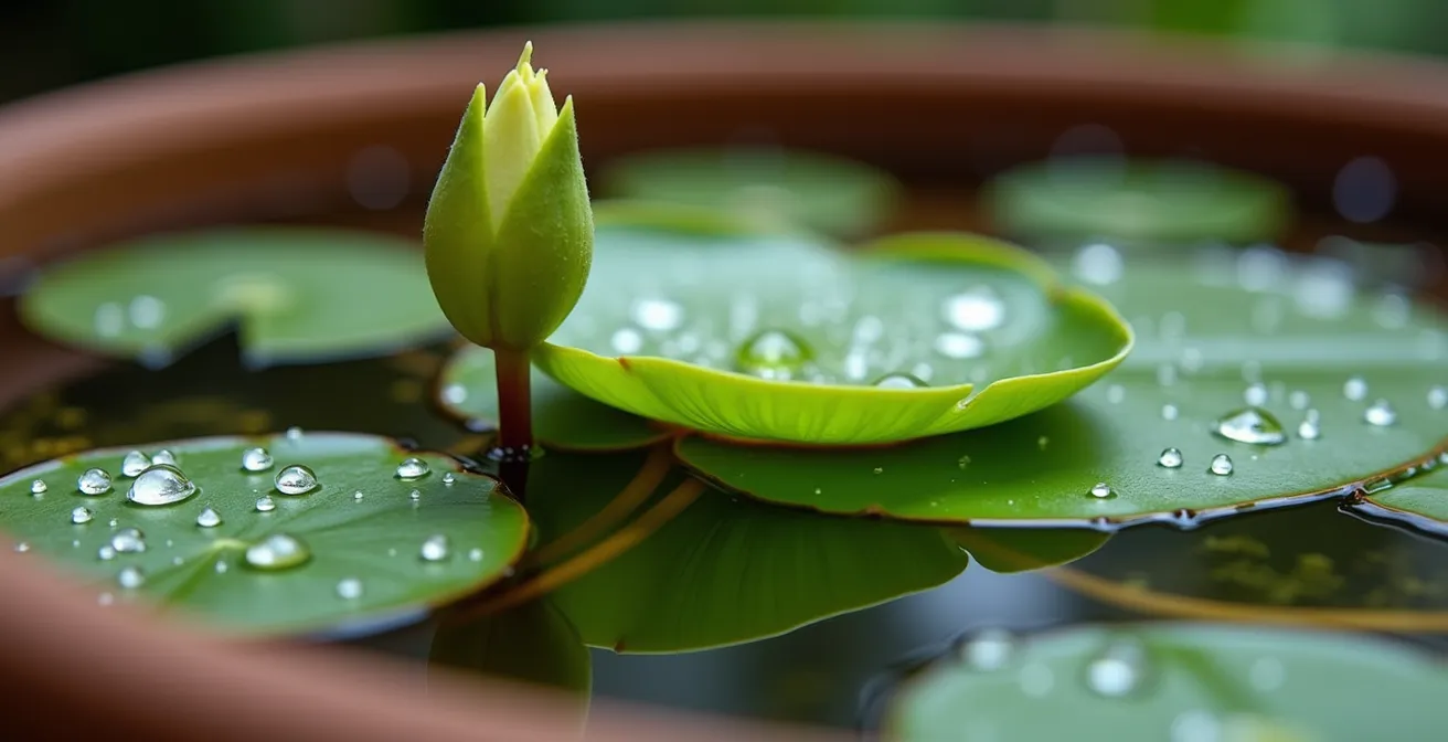 Sezione trasversale di mini laghetto con piante a diversi livelli di profondità