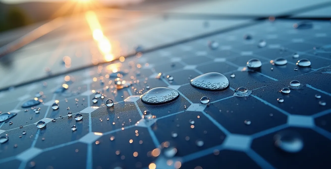 Dettaglio ravvicinato di pannelli solari con gocce d'acqua e condensa che ne evidenziano l'effetto di raffreddamento.