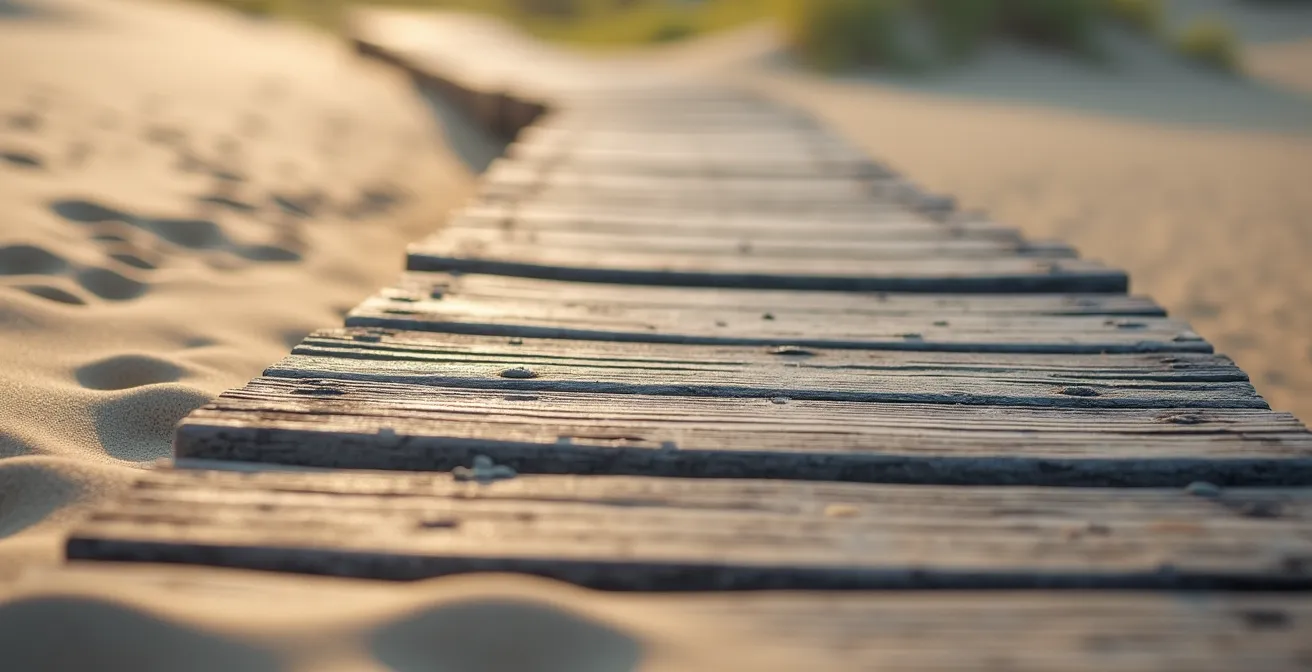 Passerella in legno sopraelevata che attraversa le dune senza toccare la sabbia
