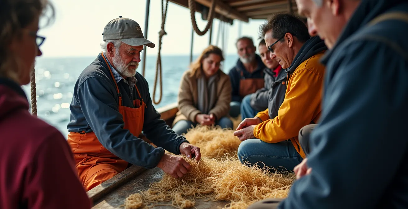 Pescatore italiano mostra tecniche tradizionali di pesca a gruppo di turisti su barca