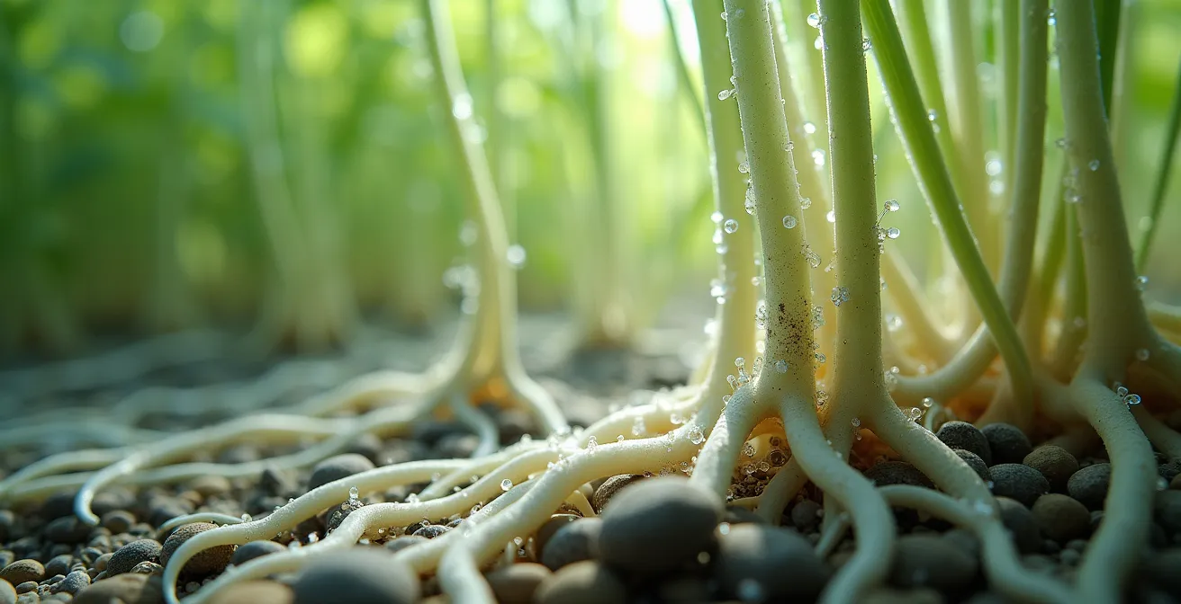 Dettaglio delle radici di Phragmites australis nel sistema di fitodepurazione
