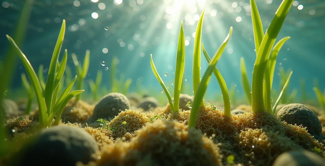 Dettaglio macro delle radici di piante acquatiche nel processo di fitodepurazione