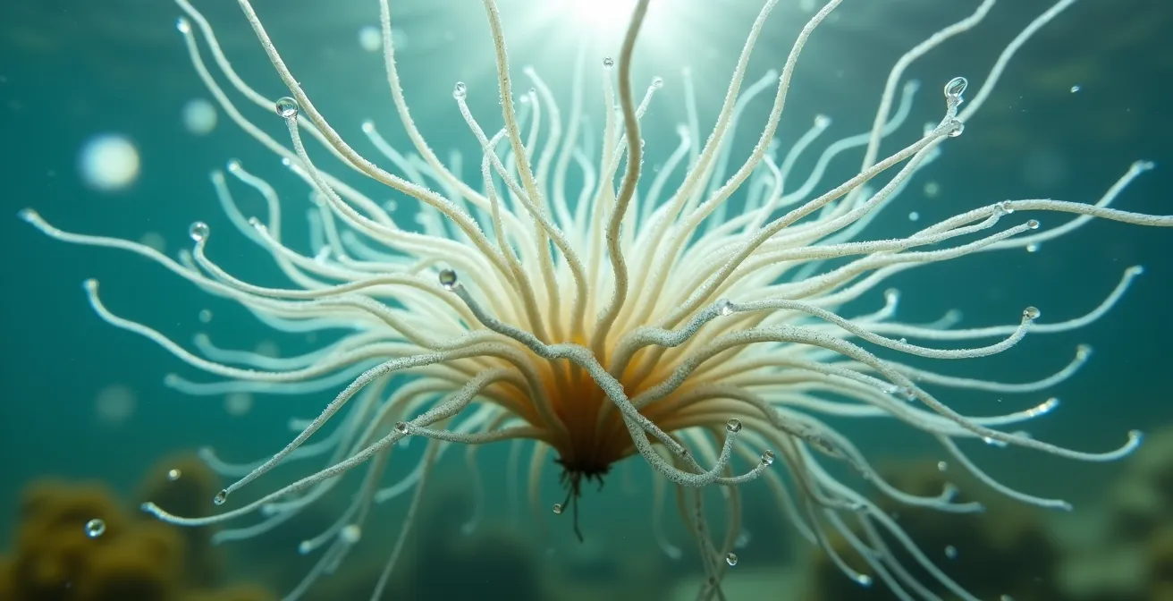 Dettaglio macro di radici acquatiche che filtrano l'acqua con bollicine d'ossigeno