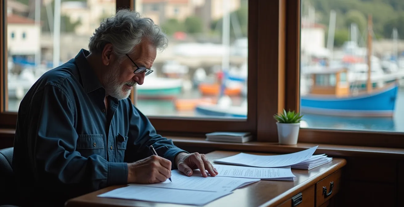 Pescatore sportivo che compila documenti con vista sul porto italiano