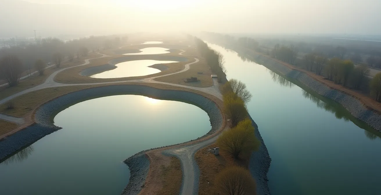 Vista aerea di un'area golenale del Po in fase di rinaturazione con nuove lanche e vegetazione ripariale