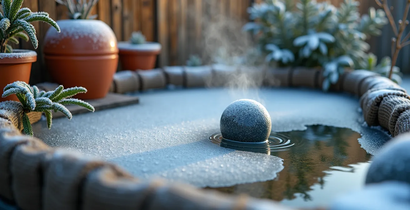 Mini laghetto coperto parzialmente da ghiaccio con sistemi di protezione invernale