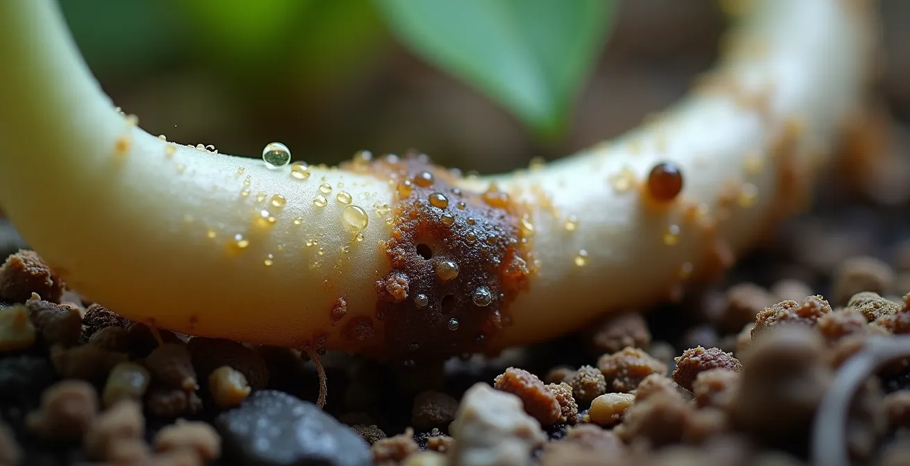 Vista microscopica di radici danneggiate da candeggina con biofilm impermeabile