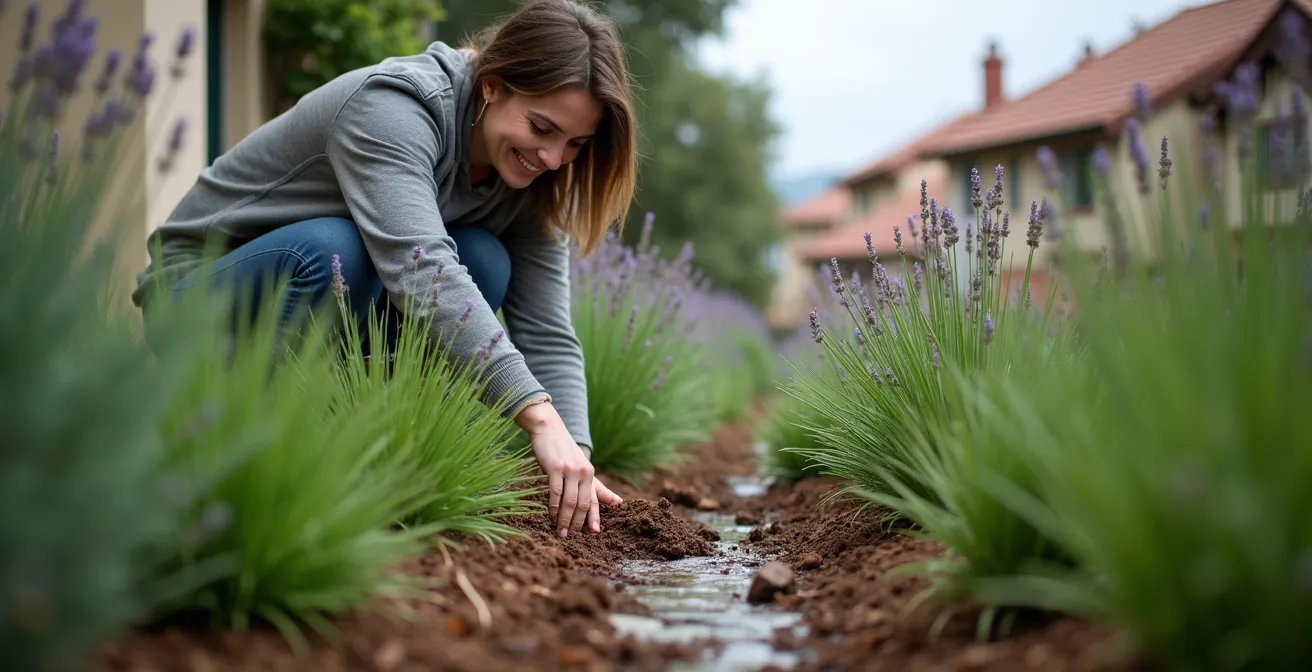 Giardino della pioggia mediterraneo con piante autoctone durante e dopo un temporale