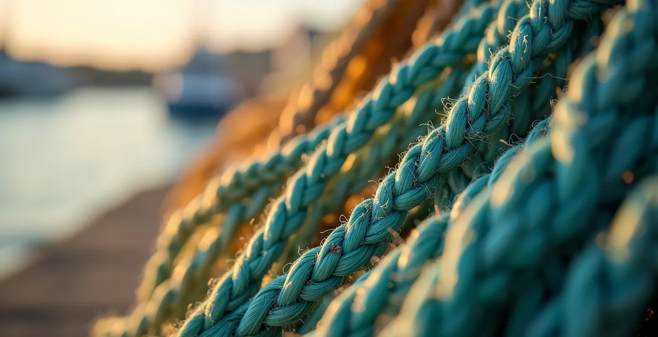 Dettaglio macro di fibre di rete da pesca nel porto adriatico