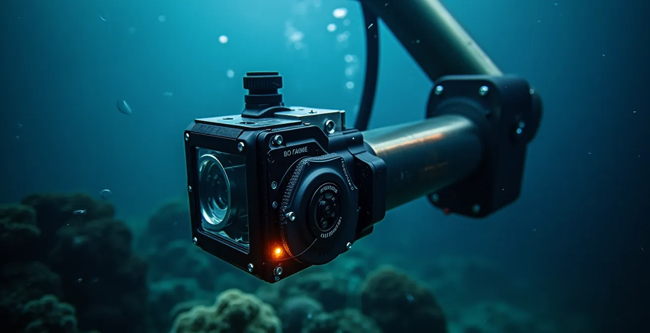 Robot ROV italiano che esplora i fondali marini profondi del Mediterraneo con luci e telecamere