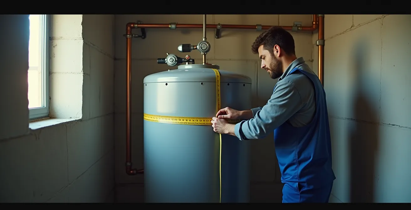 Vista laterale di serbatoi per acqua calda di diverse dimensioni in un locale tecnico italiano