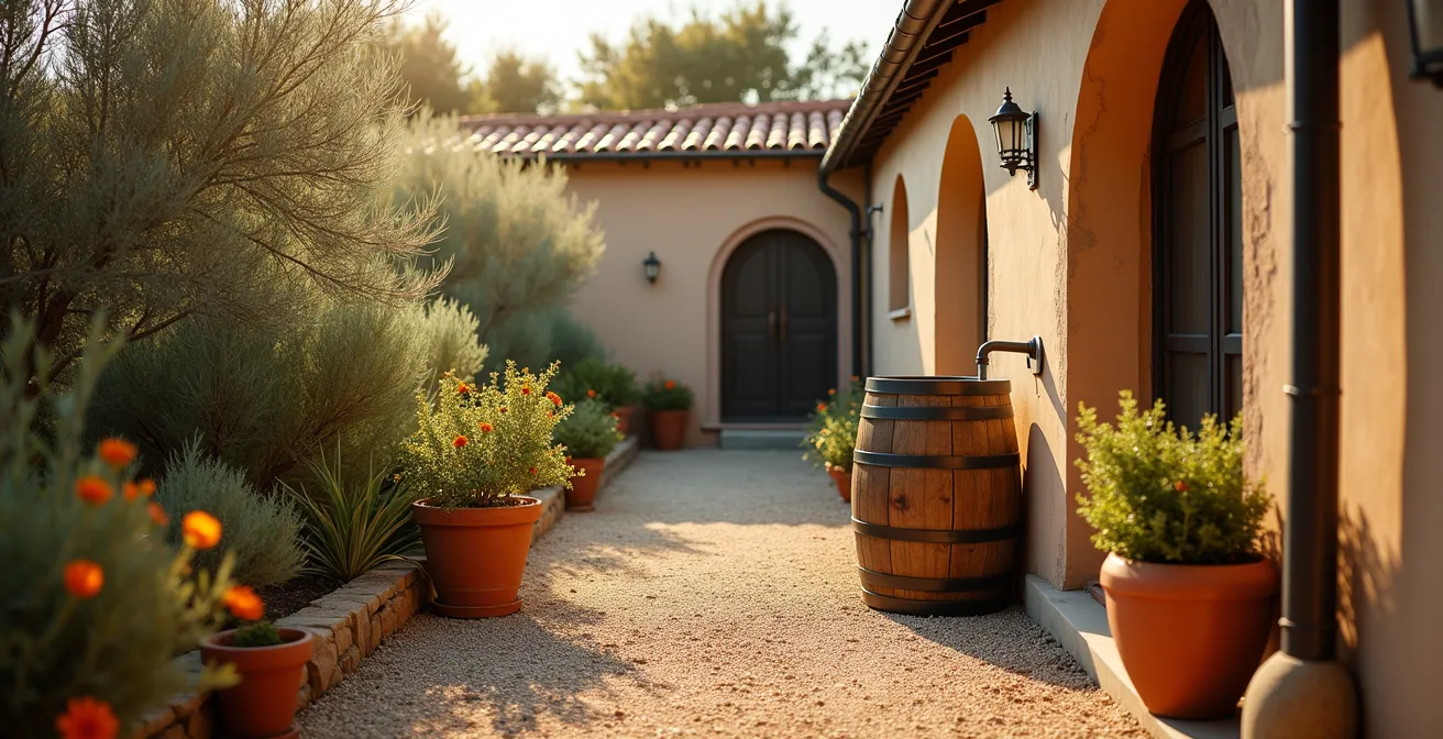 Vista ampia di un sistema di raccolta acqua piovana in un giardino italiano