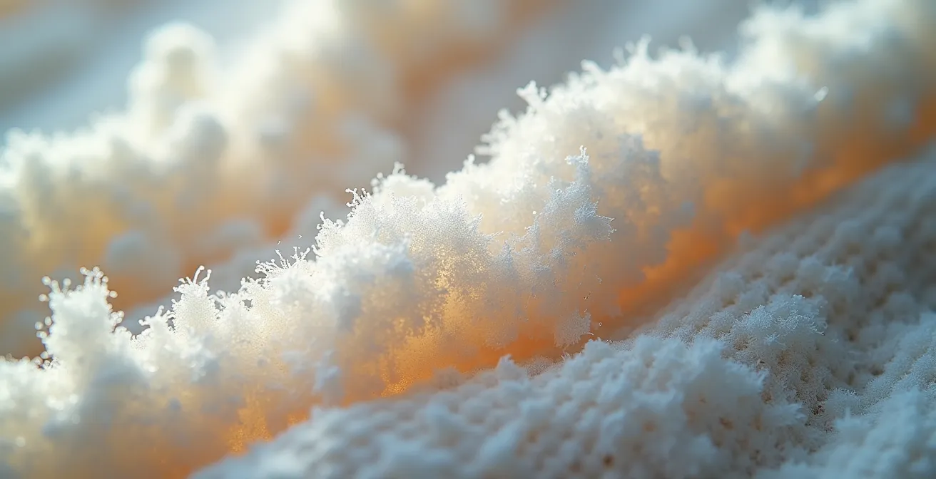 Vista macro di tessuti con residui di detersivo che mostrano l'effetto del sovradosaggio